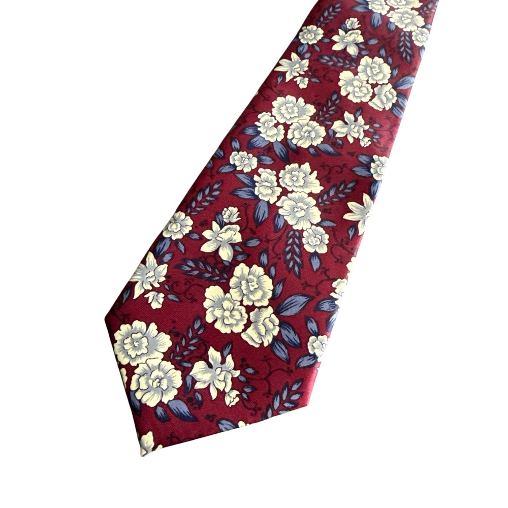 Mercedes High Fashion Myung Ju Silk Floral Tie Burgundy Blue Vintage Necktie